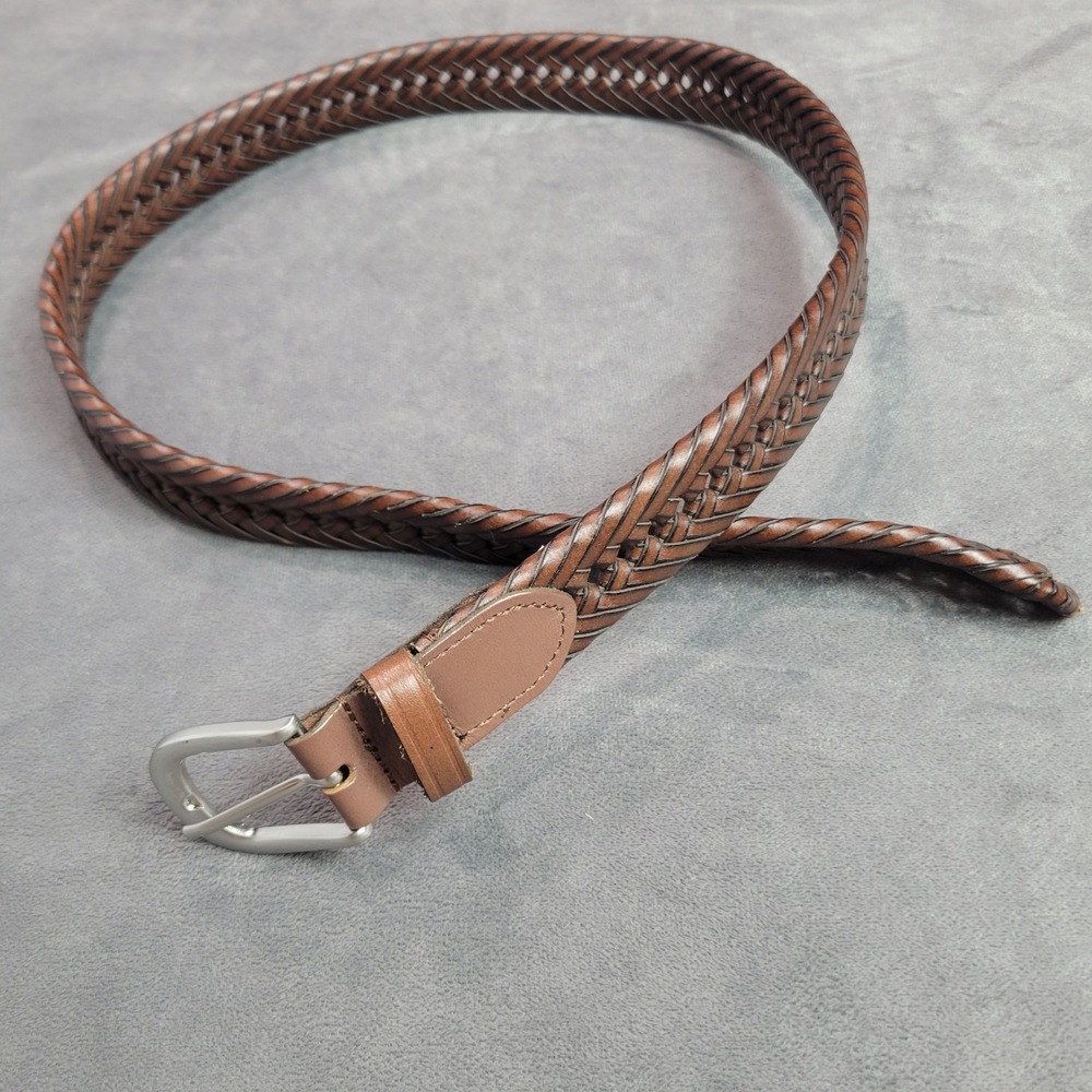 Brown Braided Genuine Leather Belt Silver Buckle Woven Casual Mens Womens 35.5in
